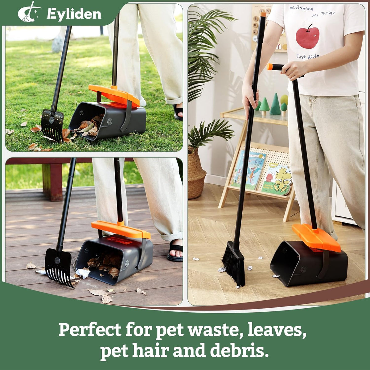 Eyliden Pooper Scooper Broom Set, Include - Dustpan with Lid, Rake, Broom, 35 Waste Bags, 46"