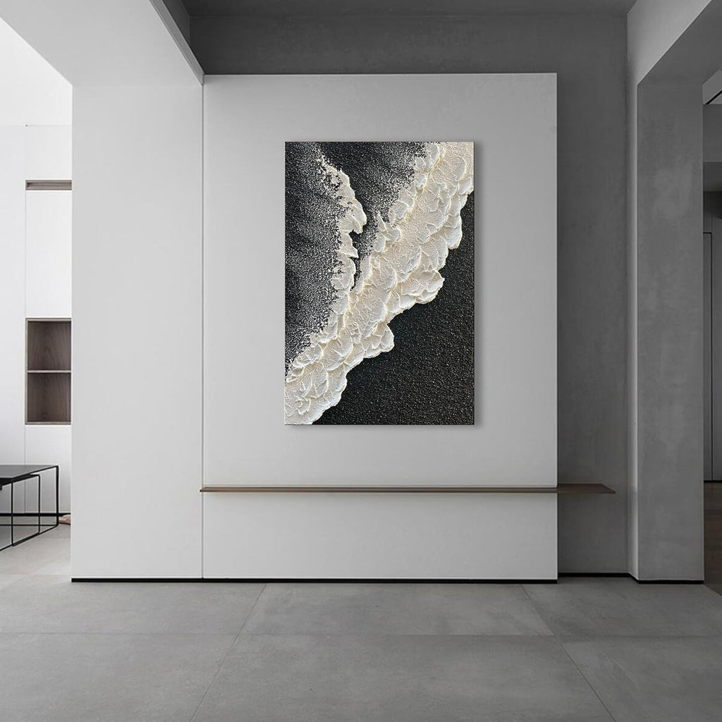 NANKAI Handcrafted Thick Texture Black and White Abstract Canvas Art Ocean Wave Beach Landscape Oil