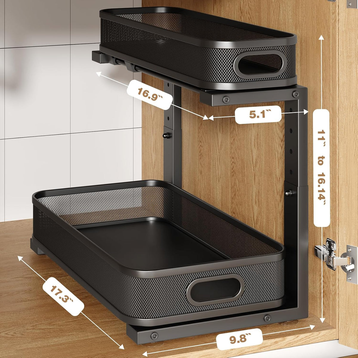 2 Pack 17.3IN-Depth Under Sink Organizer with Smooth Cylindrical Rail,2-Tier Pull Out Multi-Purpose