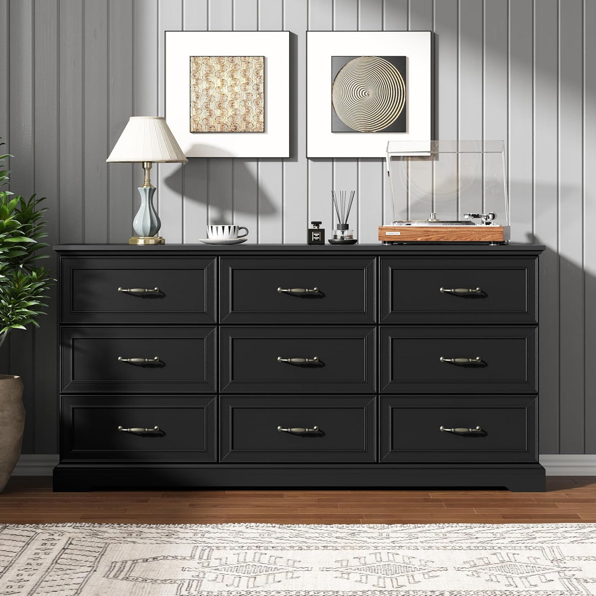 9 Drawer Dresser for Bedroom, 63" Wide Wooden Chest of Drawers, Rustic Farmhouse Dresser with Large