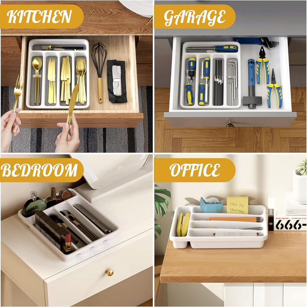 5-Slot Utensil Drawer Organizer for Silverware & Cutlery | Large Plastic Utensil Holder with