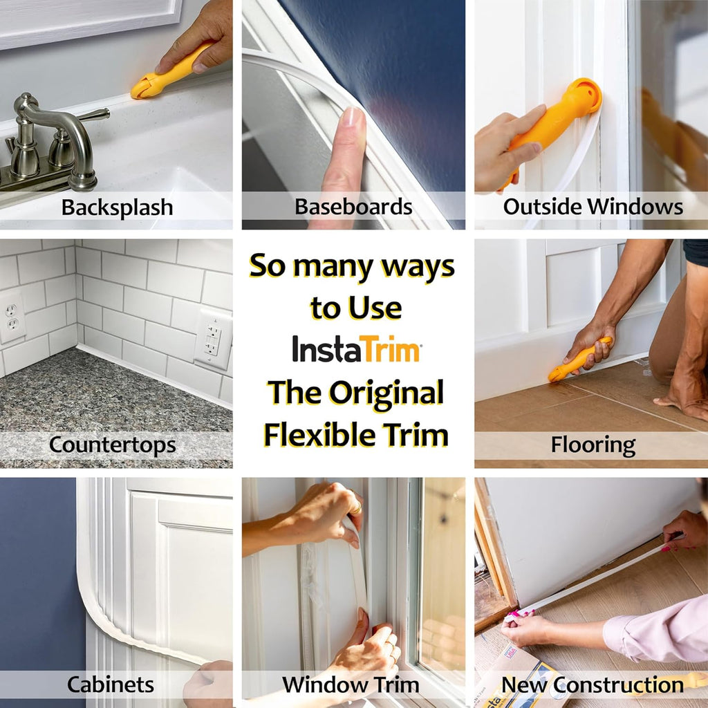 InstaTrim The Original Flexible Trim - 50ft White 1/2" Wide Caulk Tape - Adhesive Trim with Many