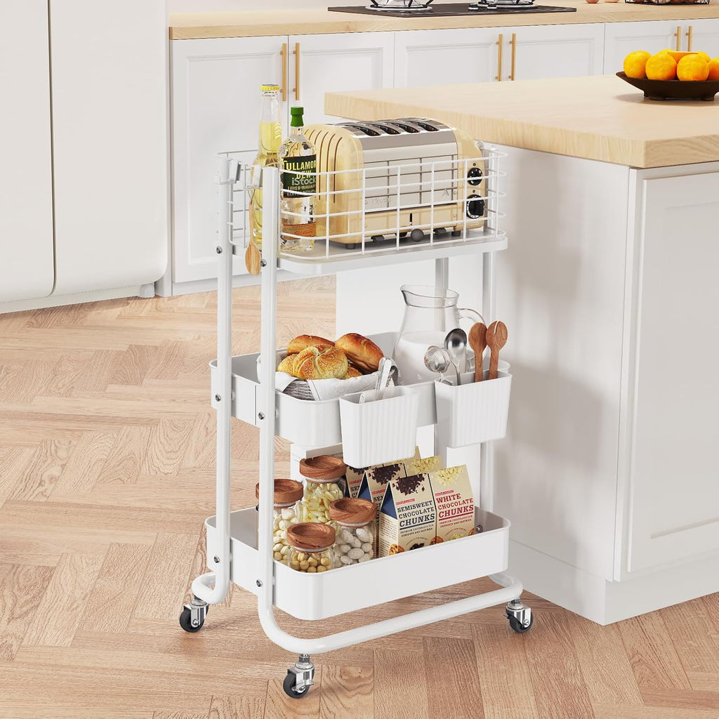KINGRACK 3 Tier Rolling Cart, Metal Mobile Storage Shelf with Lockable Wheels, Prevent Falling