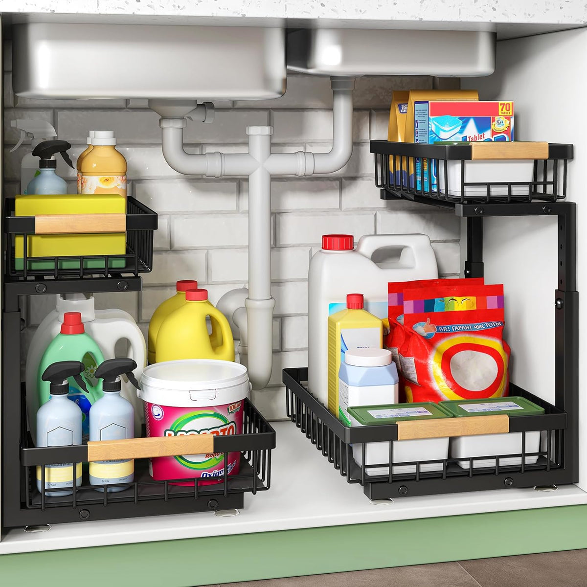 Under Sink Organizer, 2 Packs 2 Tier Under Sink Organizers and Storage, Slide out Pull out Cabinet