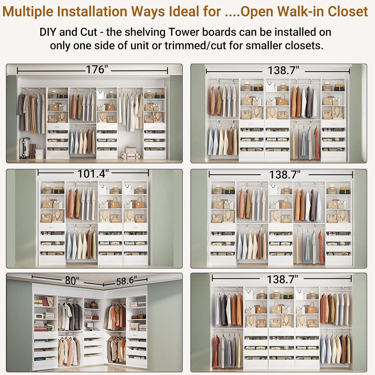 Aheaplus Closet System Set of 3, 138.5" Wood Closet Organizer System Tower with 12 Drawers & 4