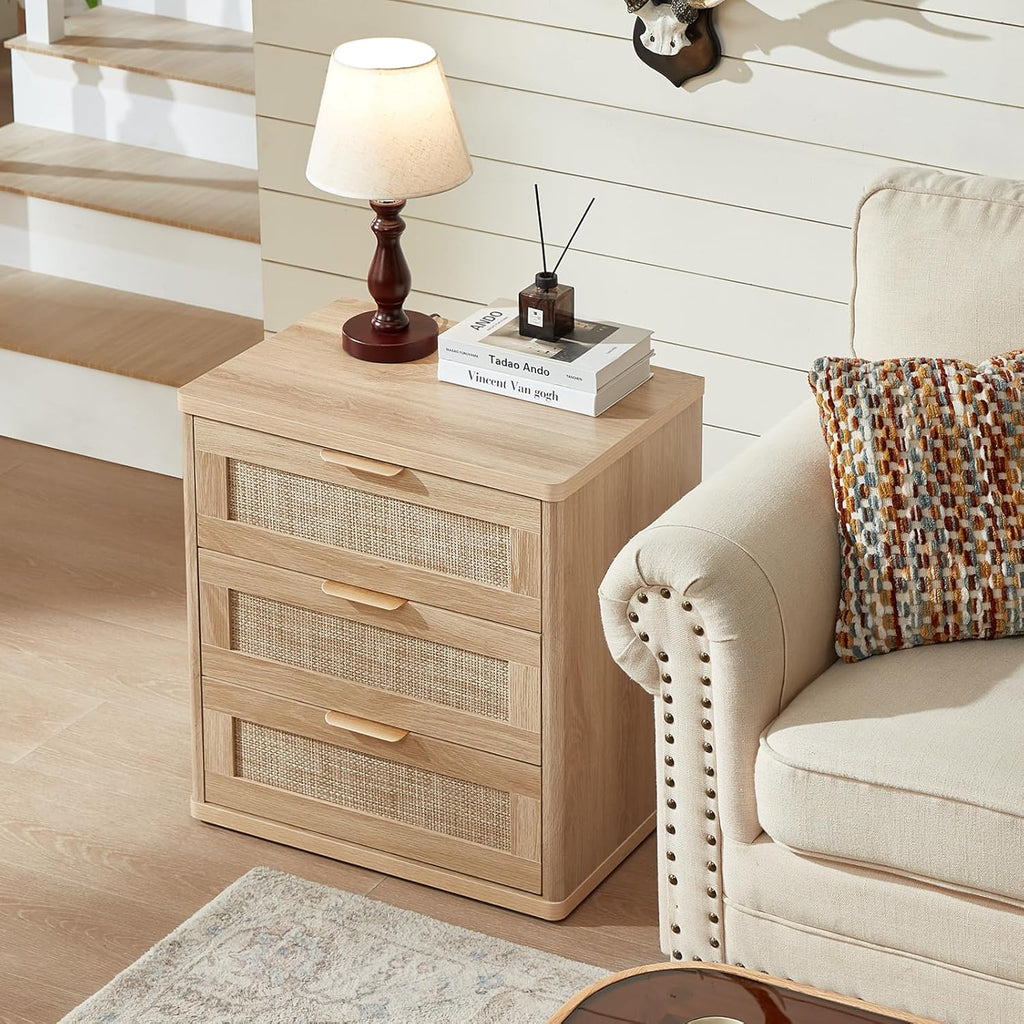 LEYAOYAO Rattan Night Stand with Drawers, 23" Large 3 Drawer Boho Nightstand, Natural Wood Bedside