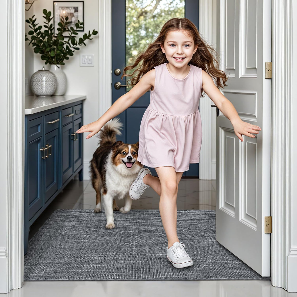 LUMI Ultra Thin Door Mat for Entryway, Low Profile Non Slip Rubber Backing Indoor Doormat, Easy