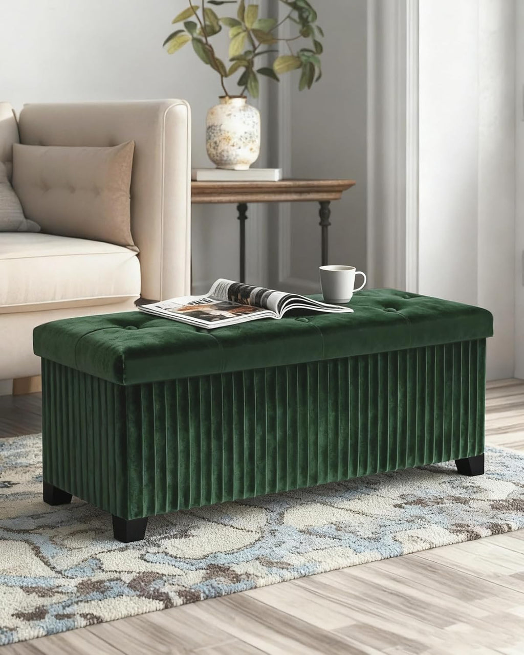 Storage Ottoman Bench, 43 Inch Foldable Ottoman with Legs, Velvet Foot Rest Stool, End of Bed