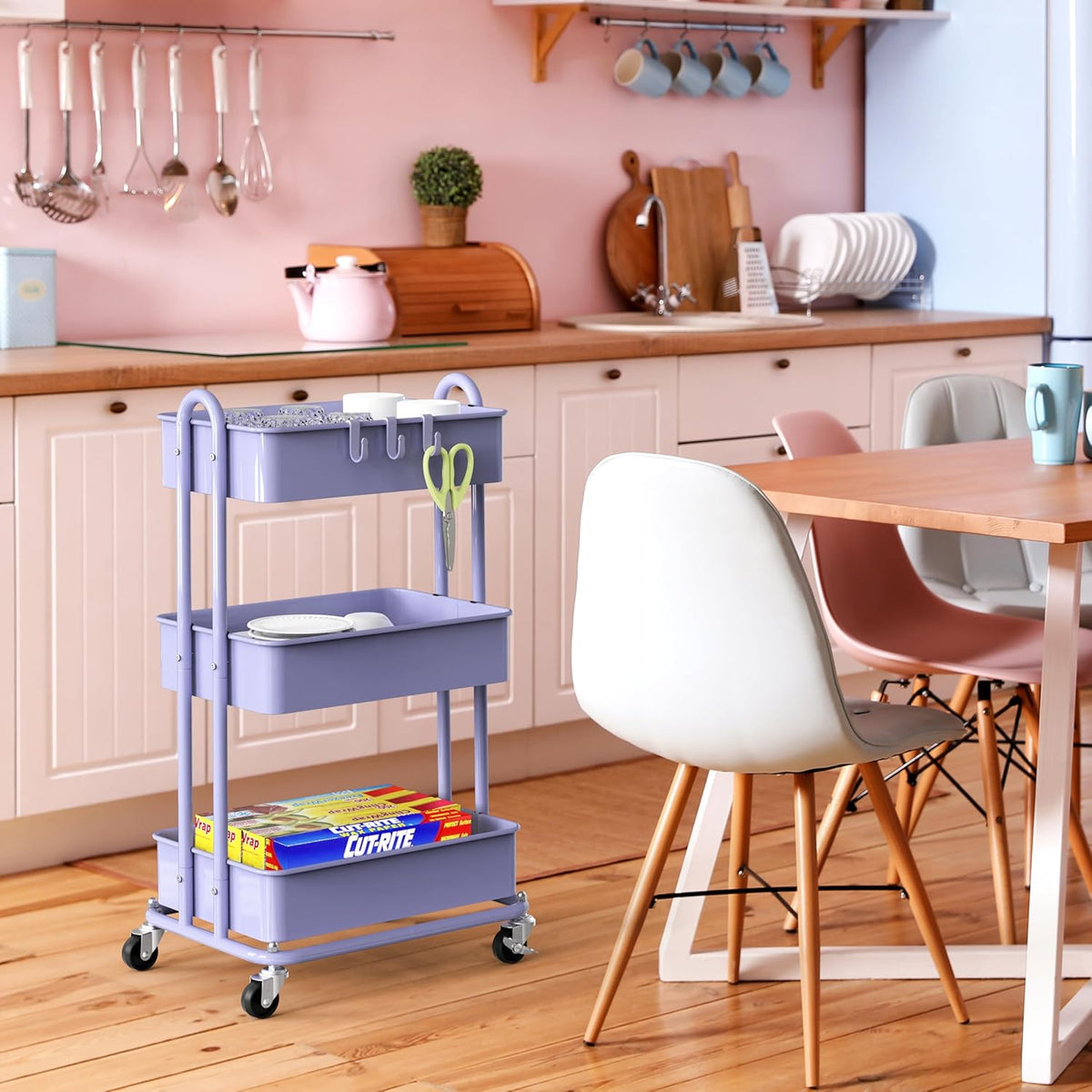 Simple Houseware 3-Tier Heavy Duty Metal Utility Rolling Cart, Purple