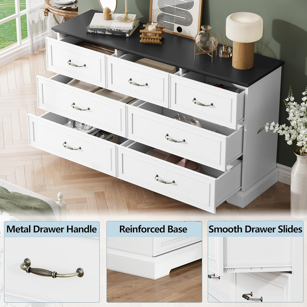 7 Drawer Dresser for Bedroom, 57" Wide Wooden Chest of Drawers, Rustic Farmhouse Dresser with Large