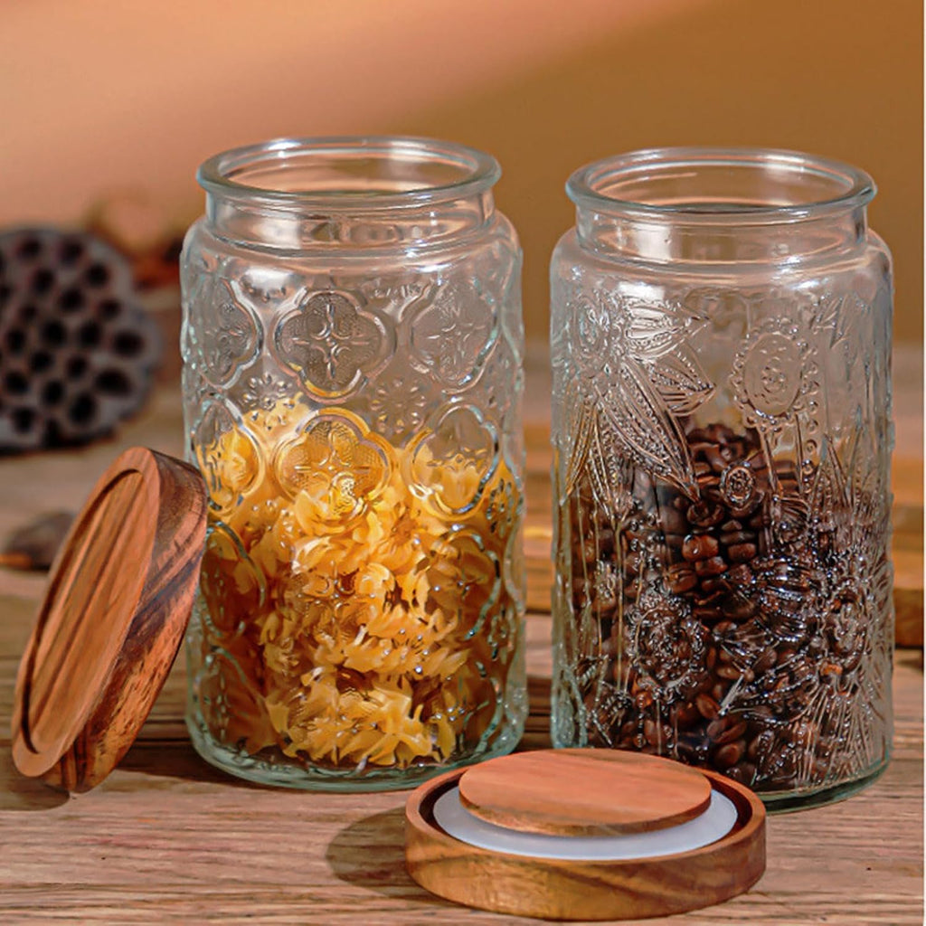 34 OZ/2 PCS Glass Storage Jar with Airtight Bamboo Wooden Lids, Vintage Food Containers Canisters