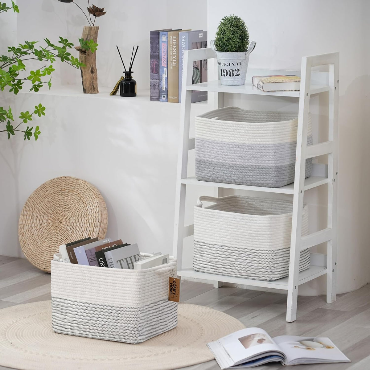 COMFY-HOMI 3 Pack Cotton Rope Square Basket with Handles - Storage & Organizer (White/Black Line