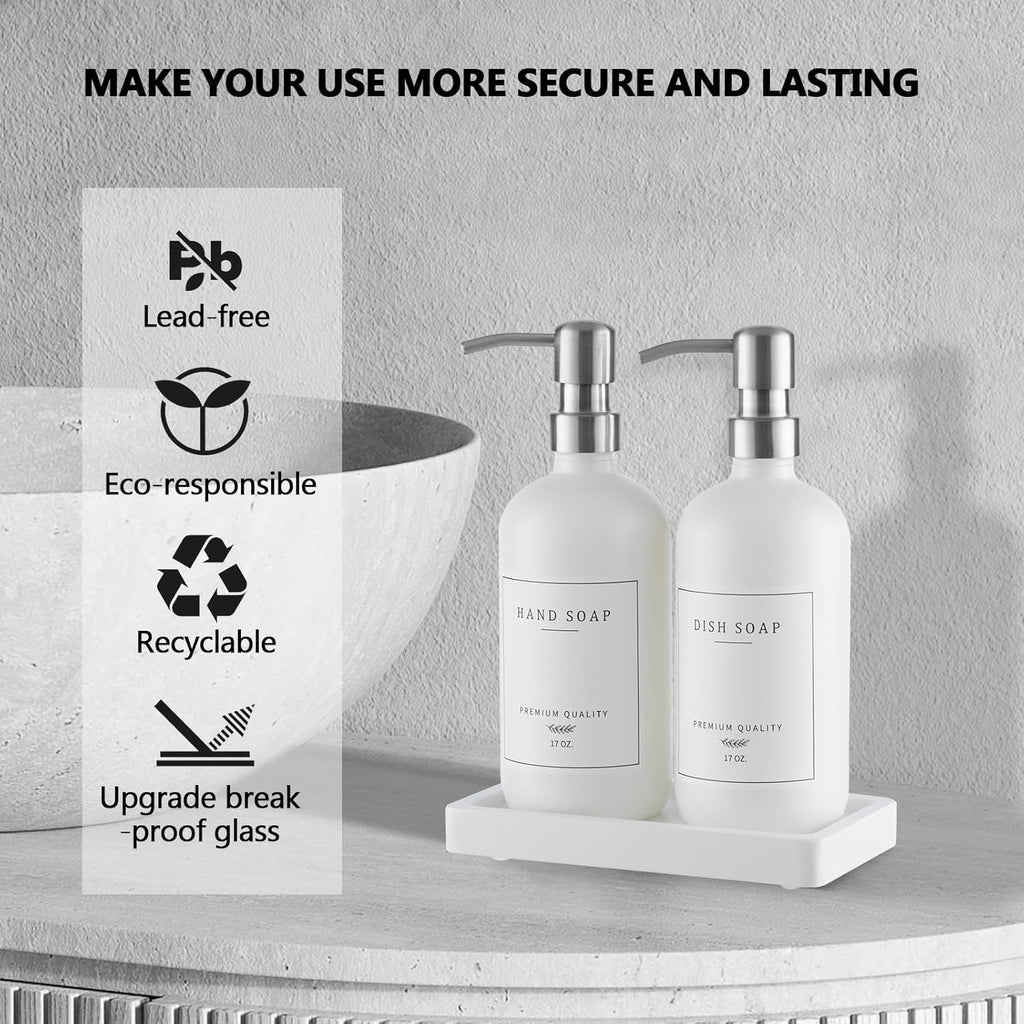 Thick Glass Soap Dispenser - Kitchen Dish Hand Soap Dispenser Set, Rustproof Pump Soap Lotion
