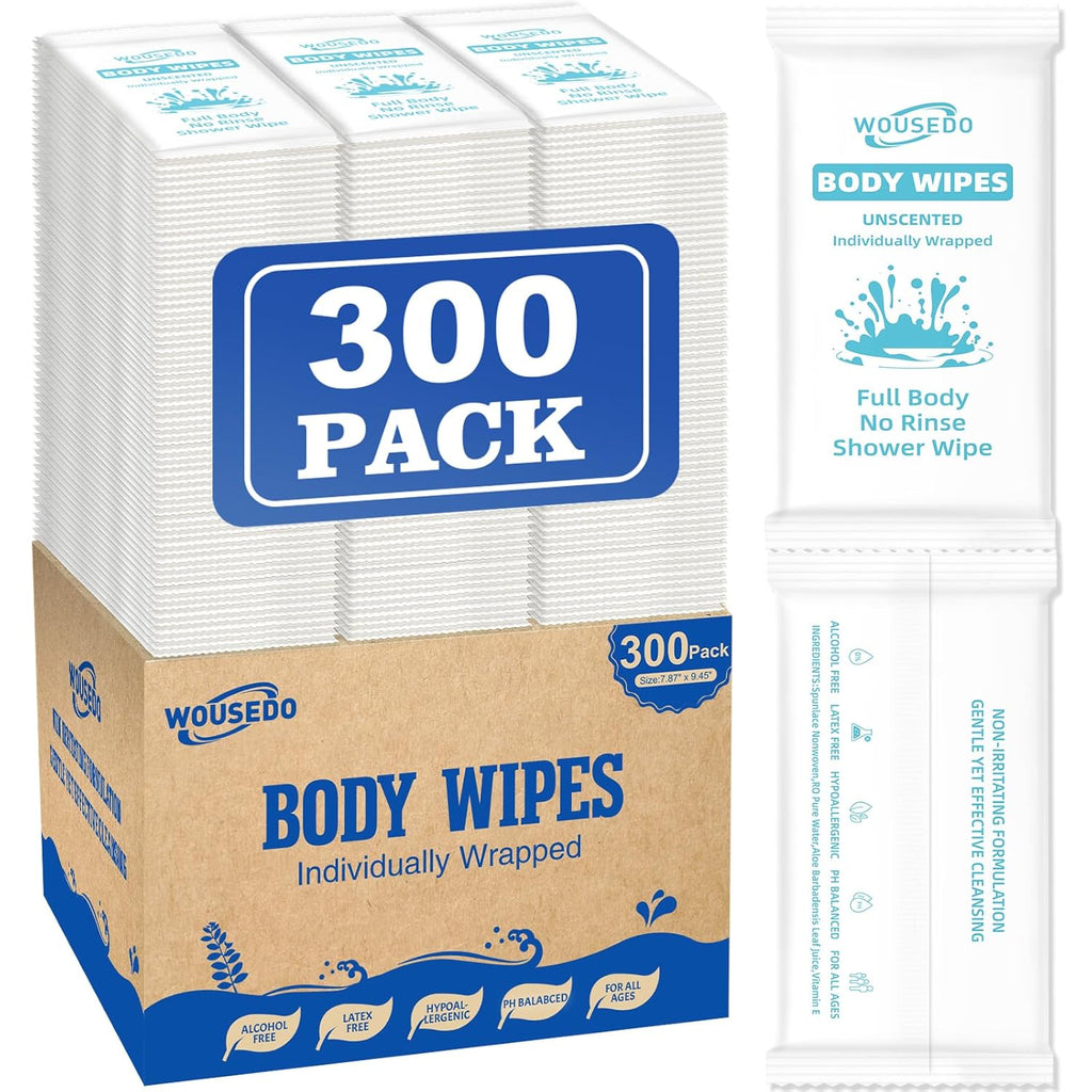 300 Pcs Ultra Thick Soft Large Body Wipes Individually Wrapped(7.87" x 9.45"),Shower Wipes for