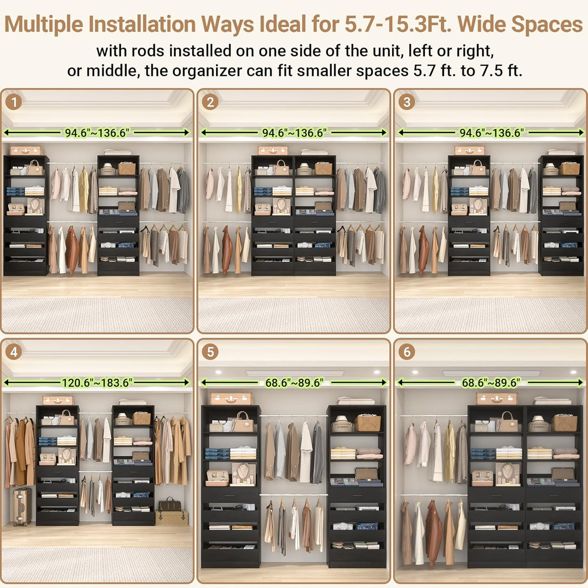 Aheaplus Closet System, 6-15Ft Closet Organizer with 8 Wooden Drawers, Wood Closet Organizer System