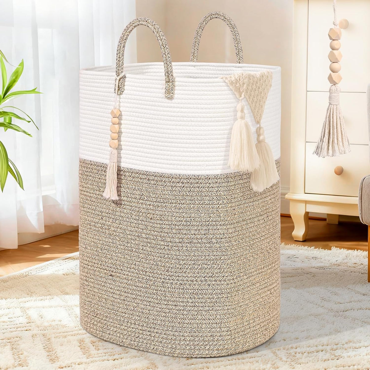 Woven Laundry Basket for Clothes, 80L Large Rectangle Laundry Hampers with Beads Tassel, Nursery