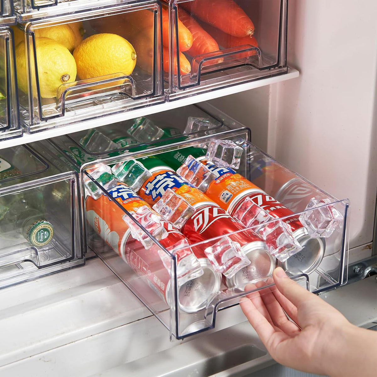 PeJeyiee 2 Pack Clear Stackable Refrigerator Organizers and Storage Drawers - Pull-Out Fridge Bins
