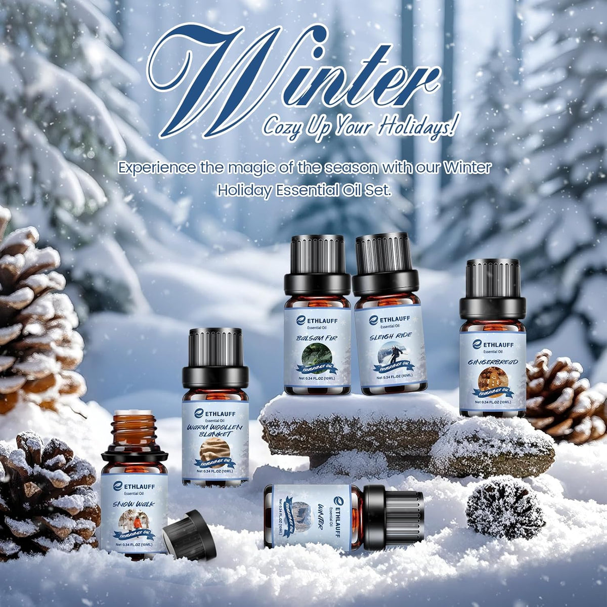 Essential Oils Set, Winter, Warm Woollen Blanket, Balsam Fir, Snow Walk, Sleigh Ride, Gingerbread
