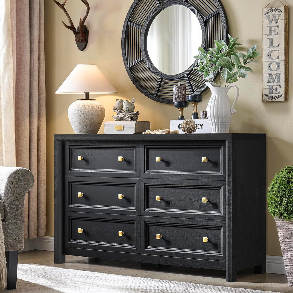 Black Dresser, Farmhouse 6 Drawer Dresser for Bedroom, 52 inch Wide Dressers with Deep Drawers