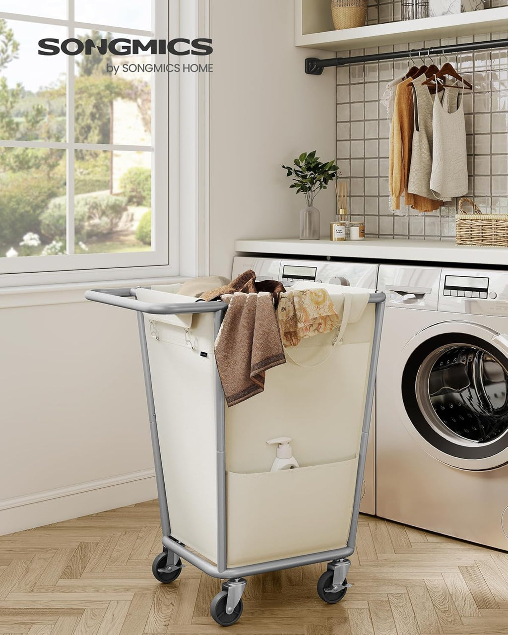 SONGMICS Laundry Basket with Wheels, 34.3 Gallons (130 L) Rolling Laundry Hamper with Removable