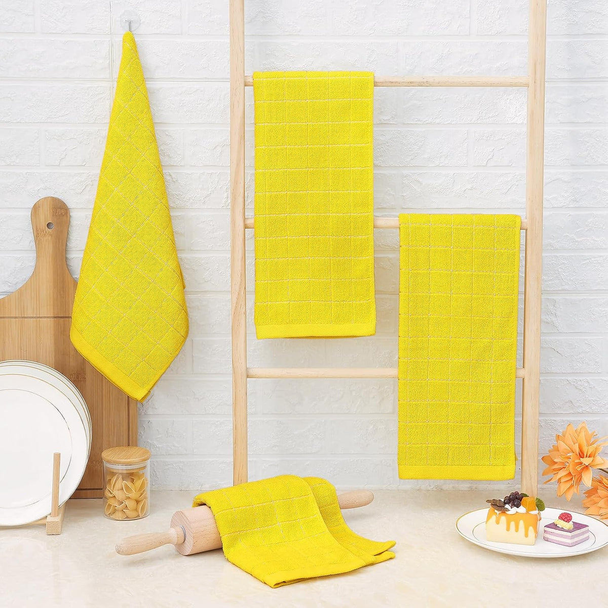 Homaxy 100% Cotton Terry Kitchen Towels(Yellow, 13 x 28 inches), Checkered Designed, Soft and Super