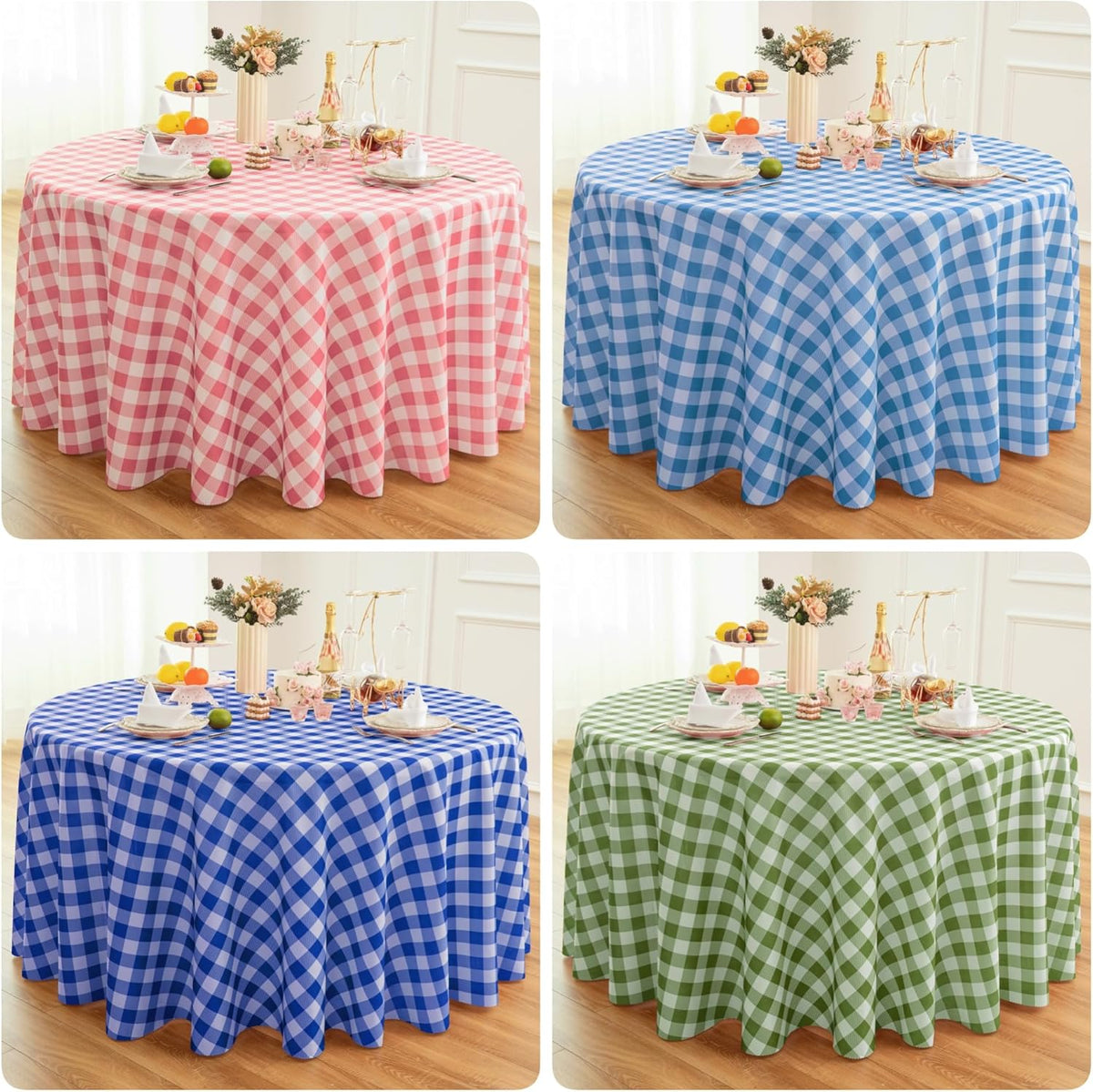 Waterproof Plaid Tablecloth Fabric - Round 120 Inch Classic Gingham Checker Table Cloth for