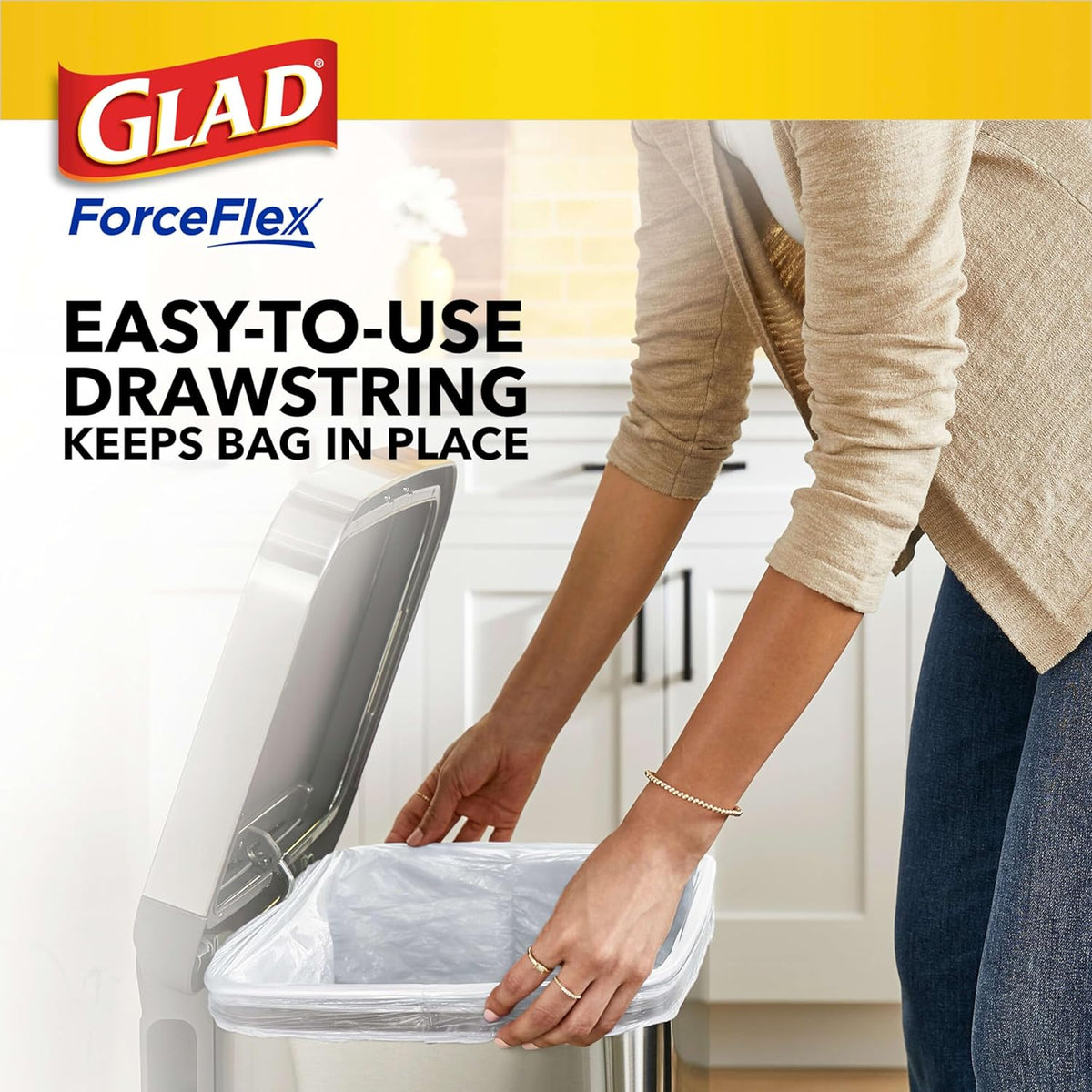 Glad Trash Bags, ForceFlex Tall Kitchen Drawstring Garbage Bags, 13 Gal, Fragrance Free, 80 Ct