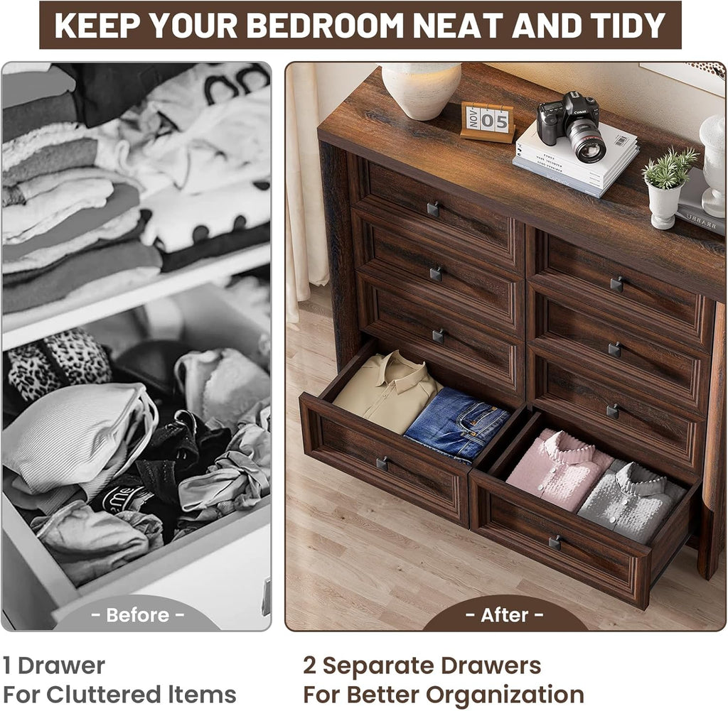 Farmhouse 8 Drawer Dresser for Bedroom, 41" Tall Wood Chest of Drawers, 43.3" Wide Dresser TV