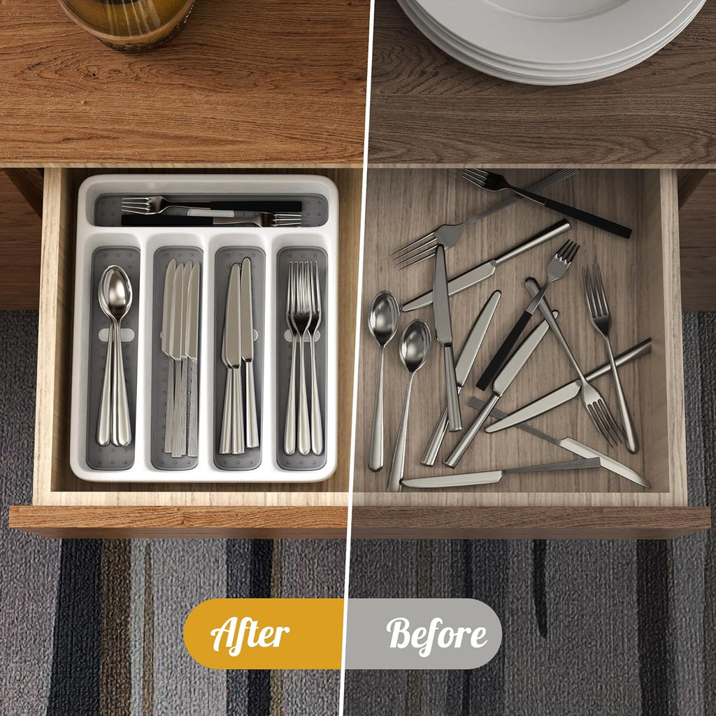 5-Slot Utensil Drawer Organizer for Silverware & Cutlery | Large Plastic Utensil Holder with