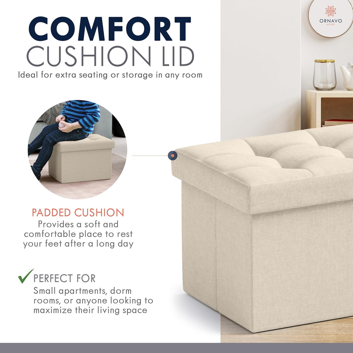 Ornavo Home Small Storage Ottoman Foldable Collapsible Rectangle Linen Ottoman Foot Rest Stool