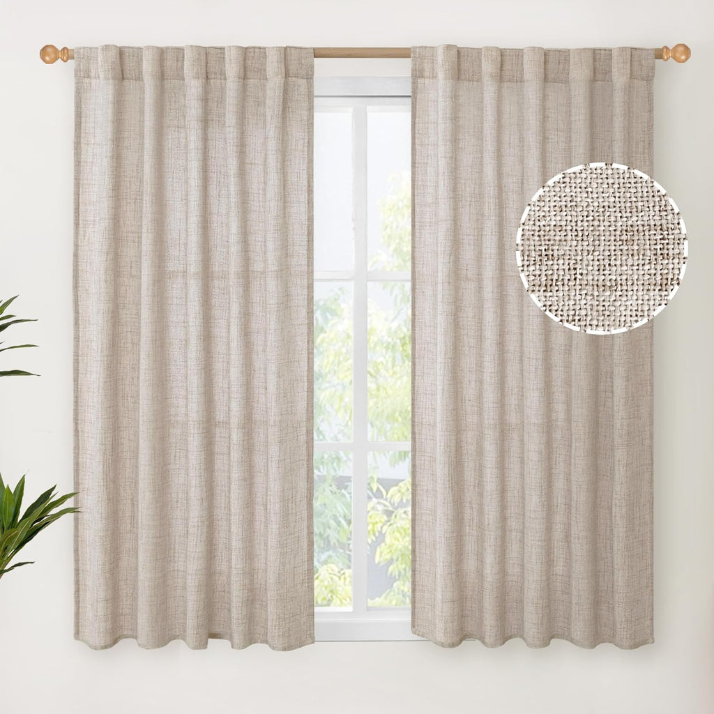 YoungsTex Short Linen Curtains 45 Inch Length for Cafe Window, Natural Light Filtering Drapes with