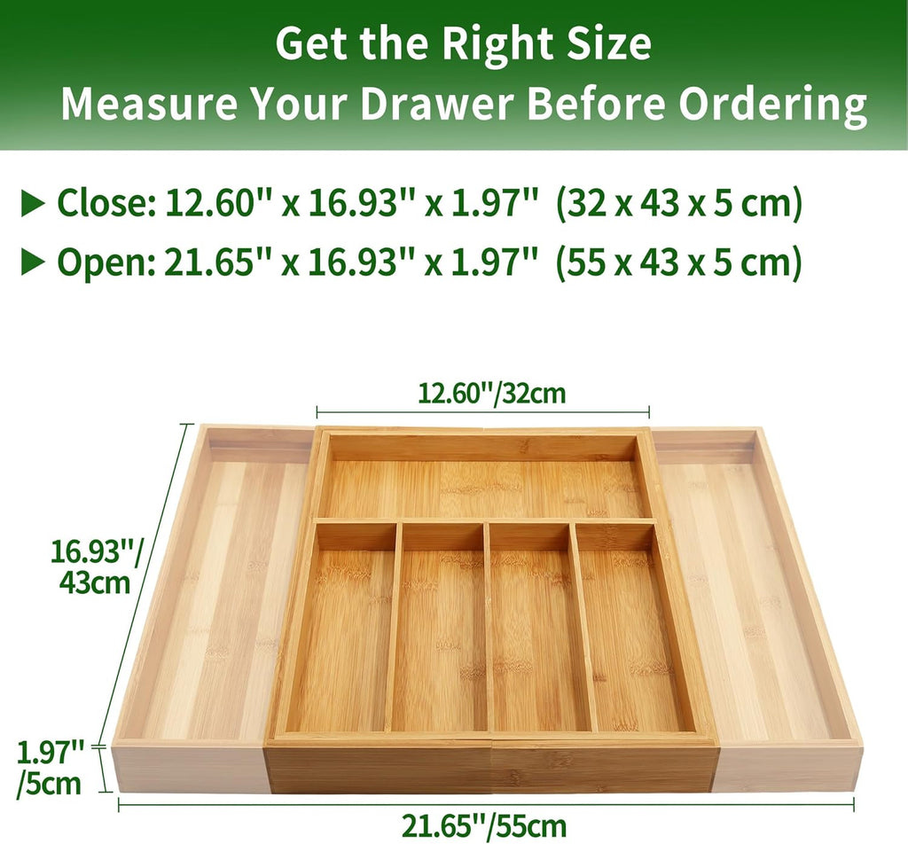 VaeFae Premium Bamboo Drawer Organizer, Expandable Silverware Drawer Organizer, Cutlery Tray with