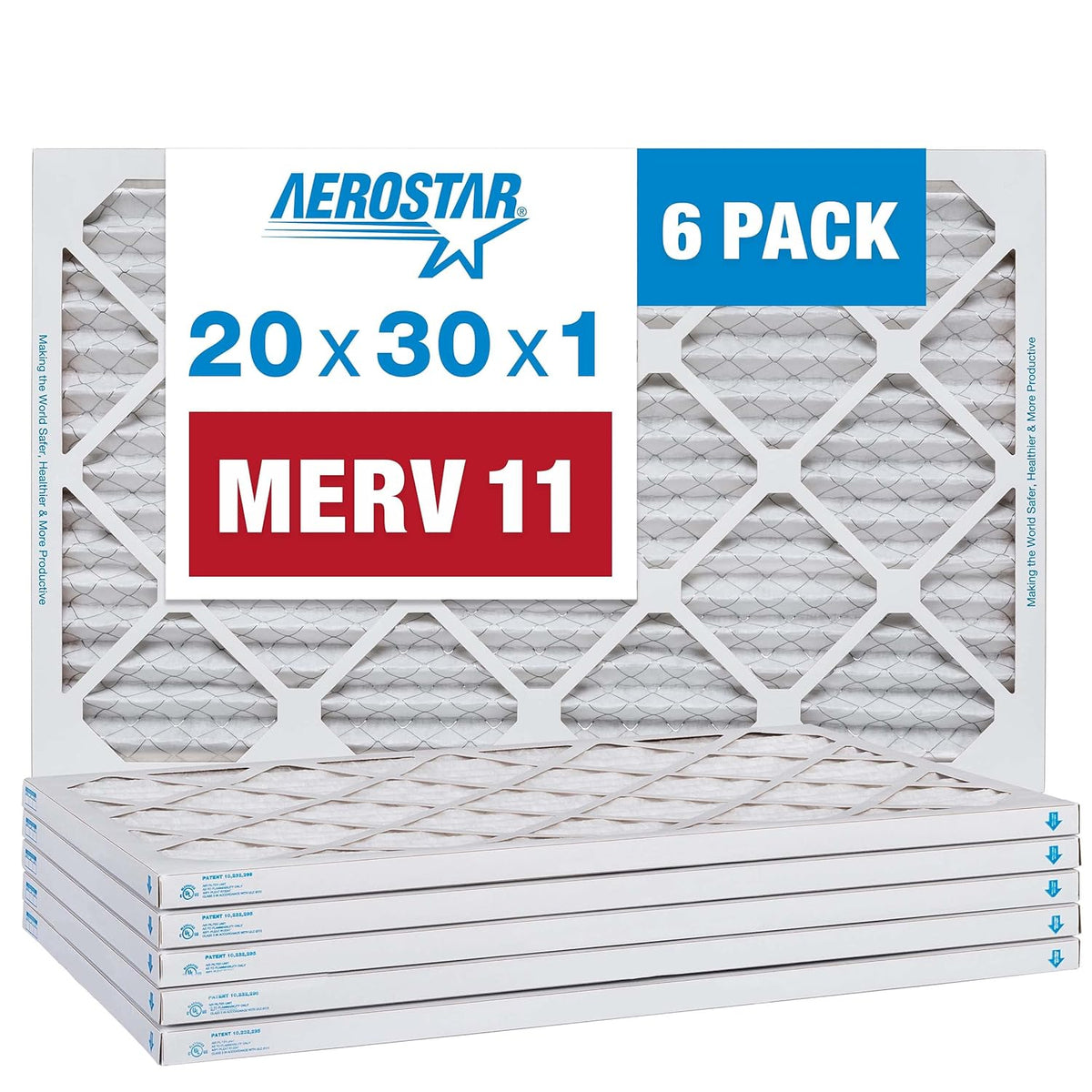Aerostar 20x30x1 MERV 11 - 6 Count - Pleated HVAC, Furnace & Air Conditioner Filters - Removes
