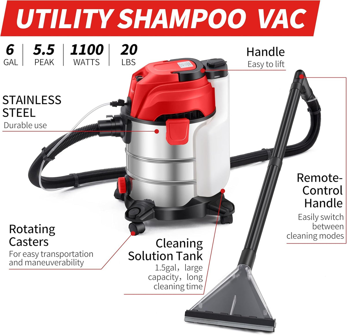 Shop Vacuum Wet and Dry, 6 Gallon, 5.5 Peak HP Power Suction, 3 in 1 Stainless Steel Shop Vac with