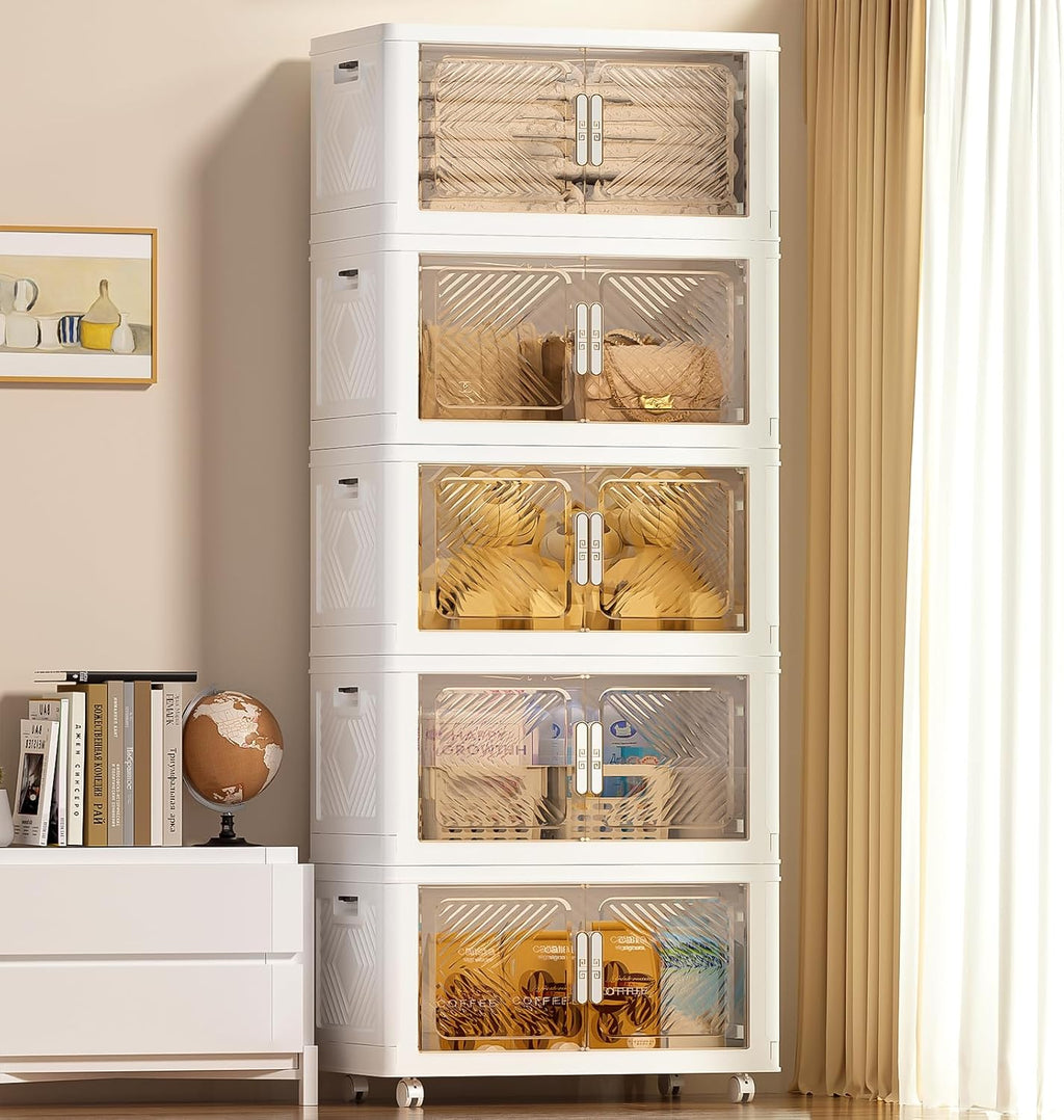 Storage Bins with Lid 76QT, Stackable Storage Containers with Wheels and Magnetic Doors, Plastic