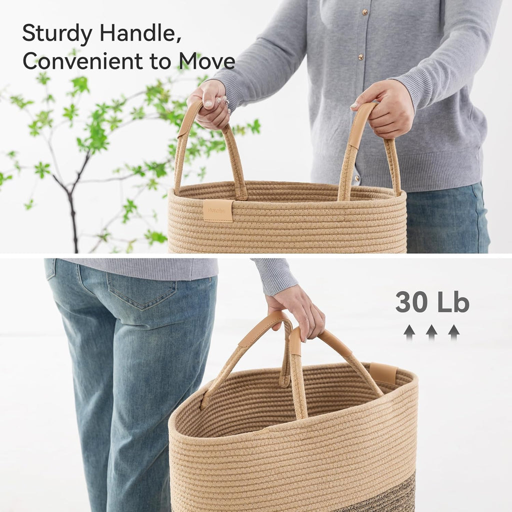 95L Striped Laundry Hamper with Leather Handles,Large Foldable Laundry Basket for Clothes,Cotton
