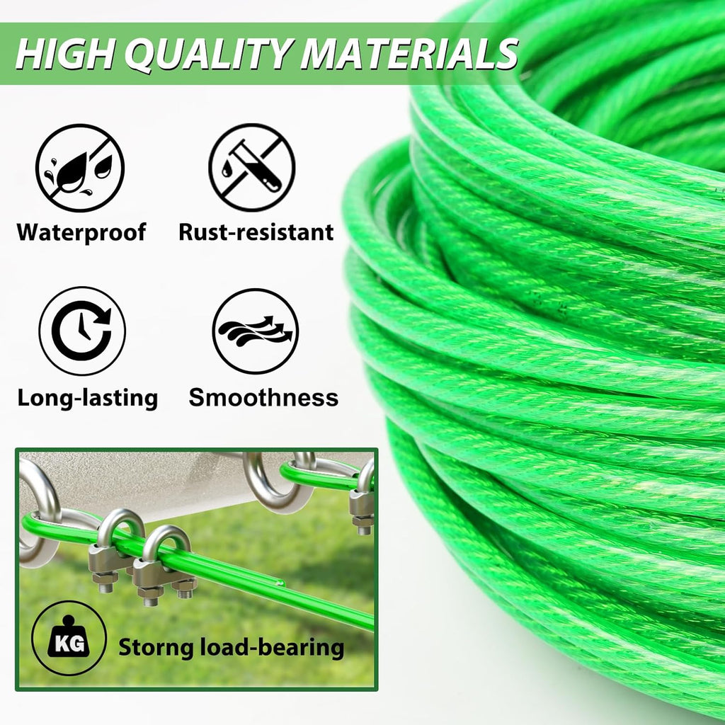 3/16" Wire Rope, 100 Ft PVC Coated Wire Cable Metal Steel Cable Trellis Kit, Multi-use Clothes Line