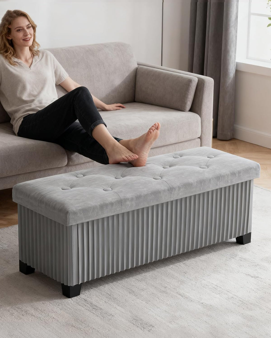 Storage Ottoman Bench, 43 Inch Foldable Ottoman with Legs, Velvet Foot Rest Stool, End of Bed