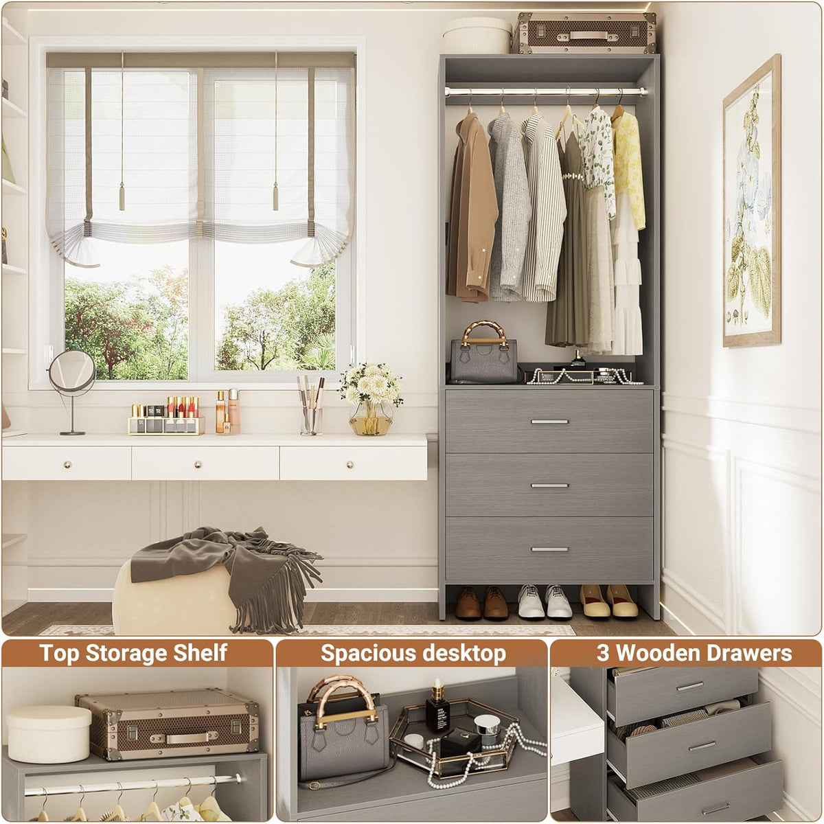 Aheaplus 2FT Closet System with 3 Drawers, 24’’ Closet Organizer, Wood Closet Organizer System