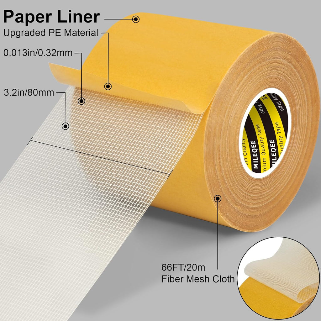 Double-Sided Tape Strong and Tough, Extra Large 3.2in x 66FT(20m), Durable Duct Cloth Carpet Rugs