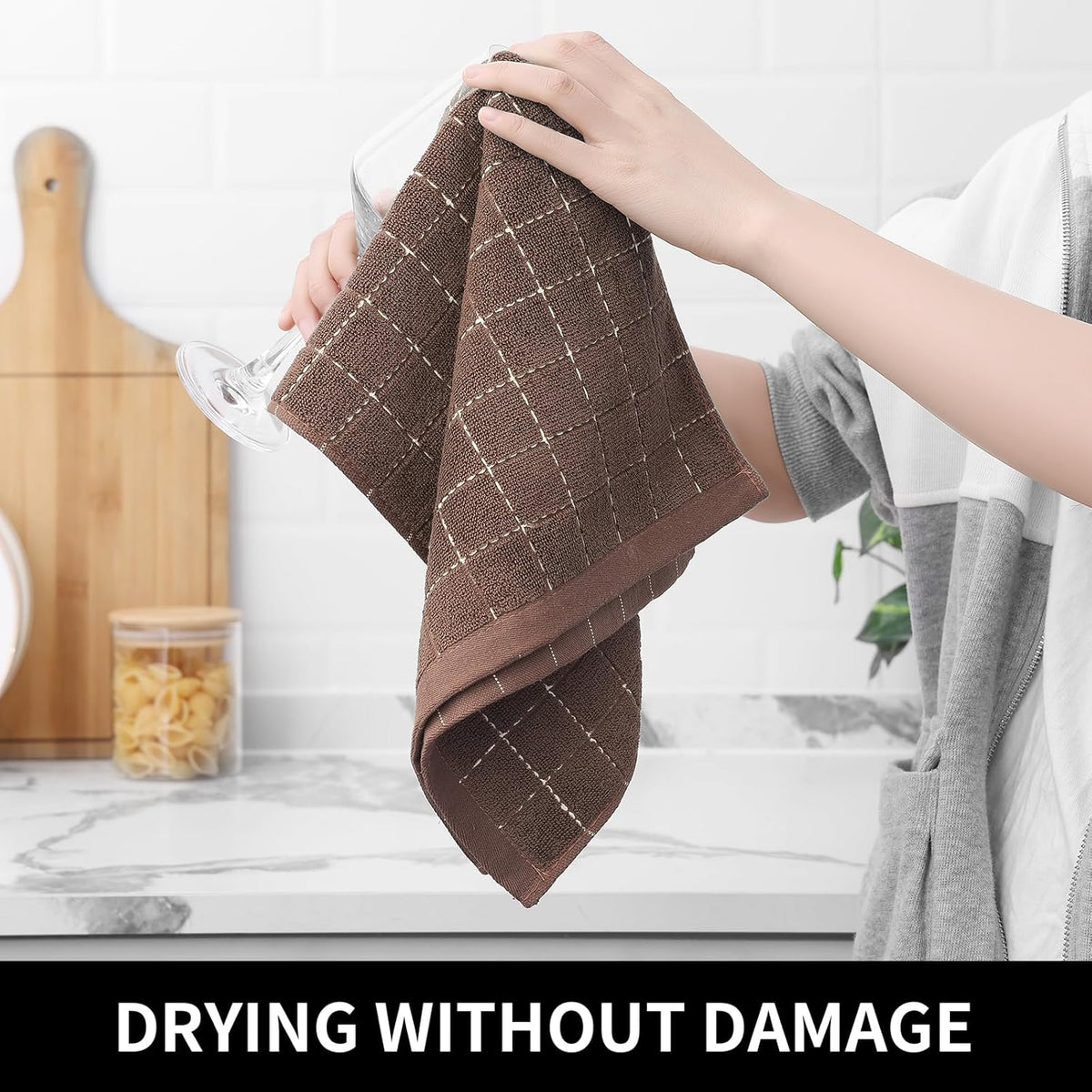 Homaxy 100% Cotton Terry Kitchen Towels(Brown, 13 x 28 inches), Checkered Designed, Soft and Super
