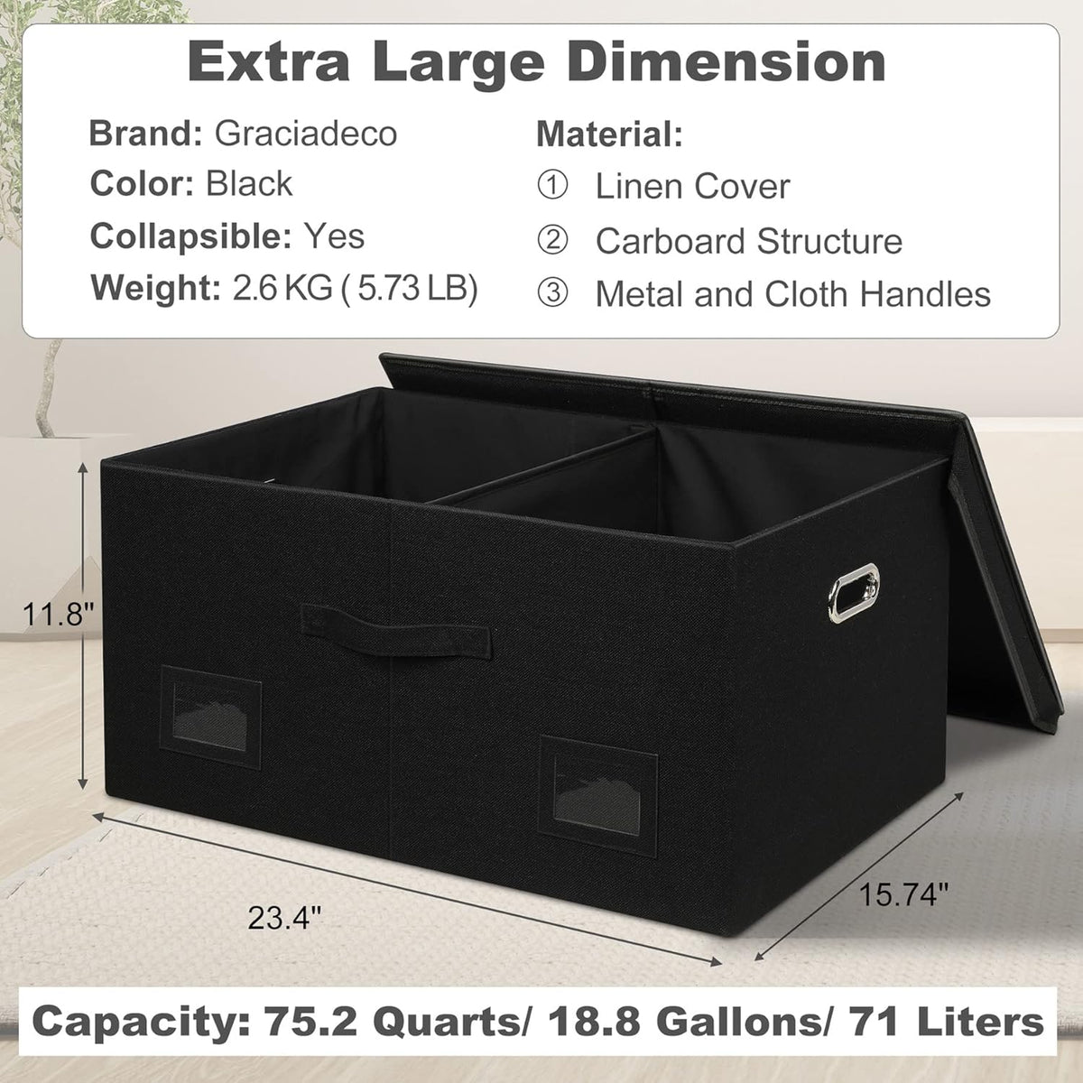 75 Quarts Extra Large Decorative Storage Bins with Lids, 1 Pack Black Collapsible Storage Bins with