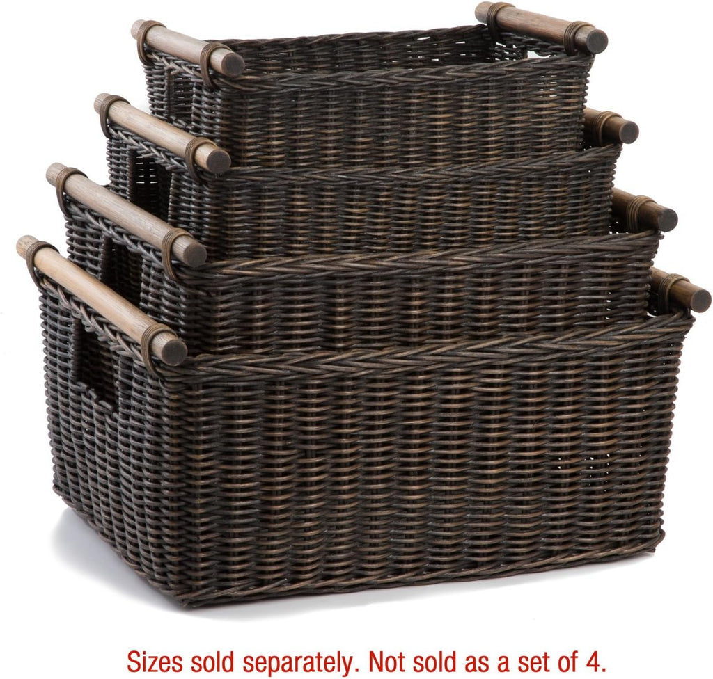 The Basket Lady Pole Handle Wicker Storage Basket, Medium, 16 in L x 12 in W x 8.25 in H, Antique