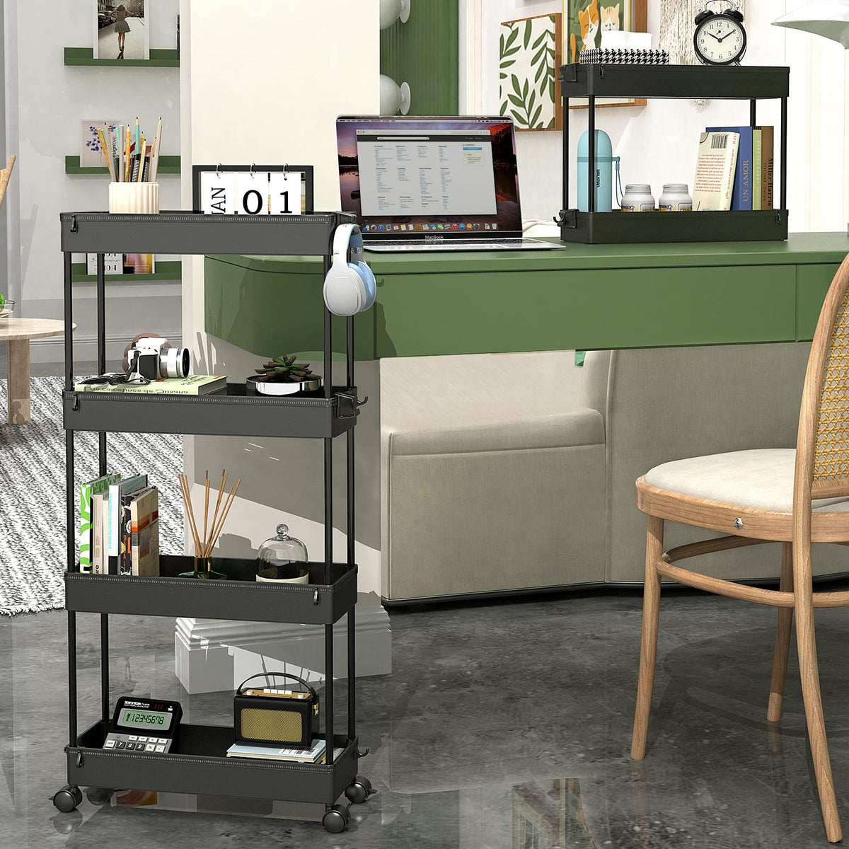 SPACEKEEPER Slim Rolling Storage Cart, 4 Tier Bathroom Cart Organizer,Black