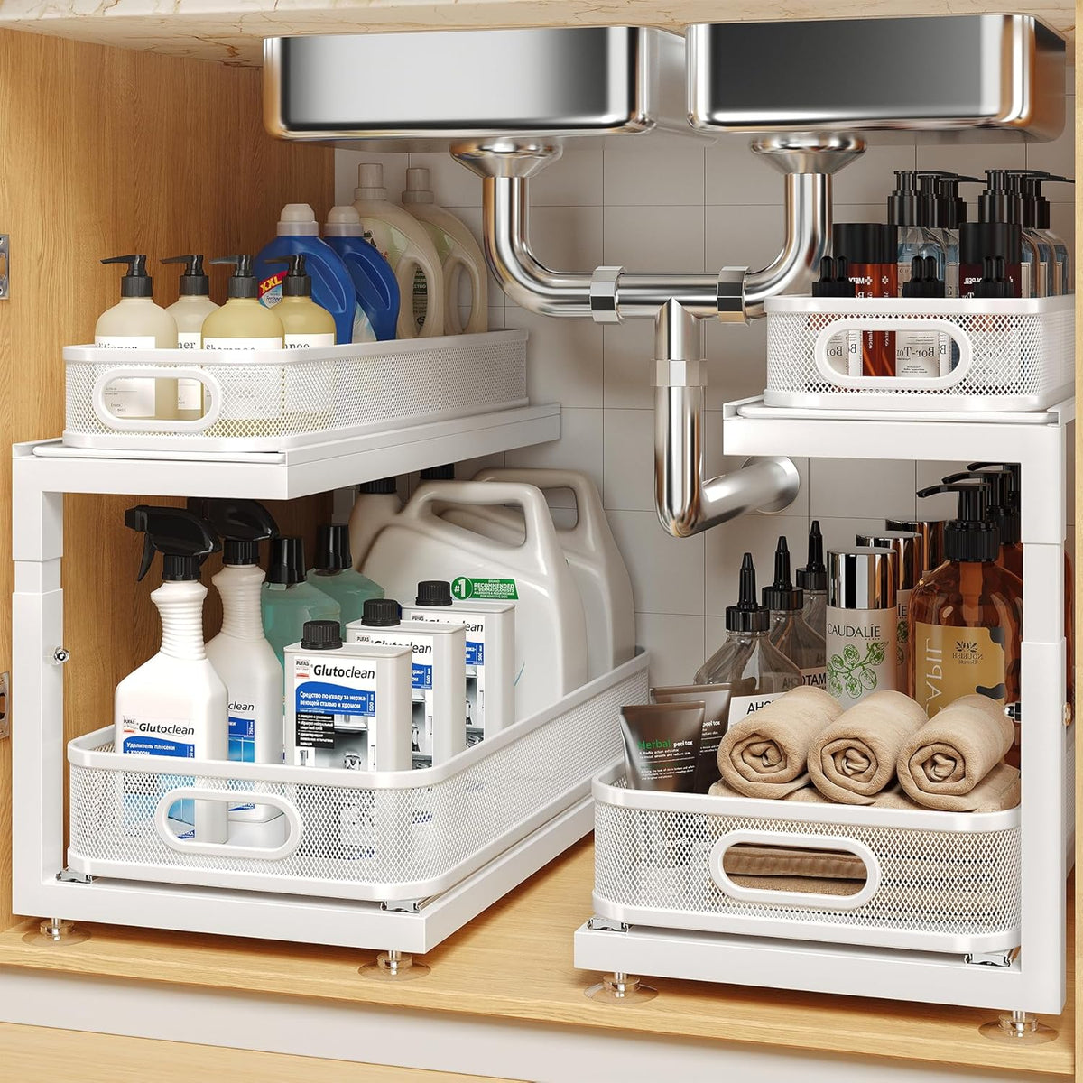 2-Pack 18.5 IN Depth Under Sink Organizer With Next-Gen Ball-Bearing Slides,Sophisticated Mesh