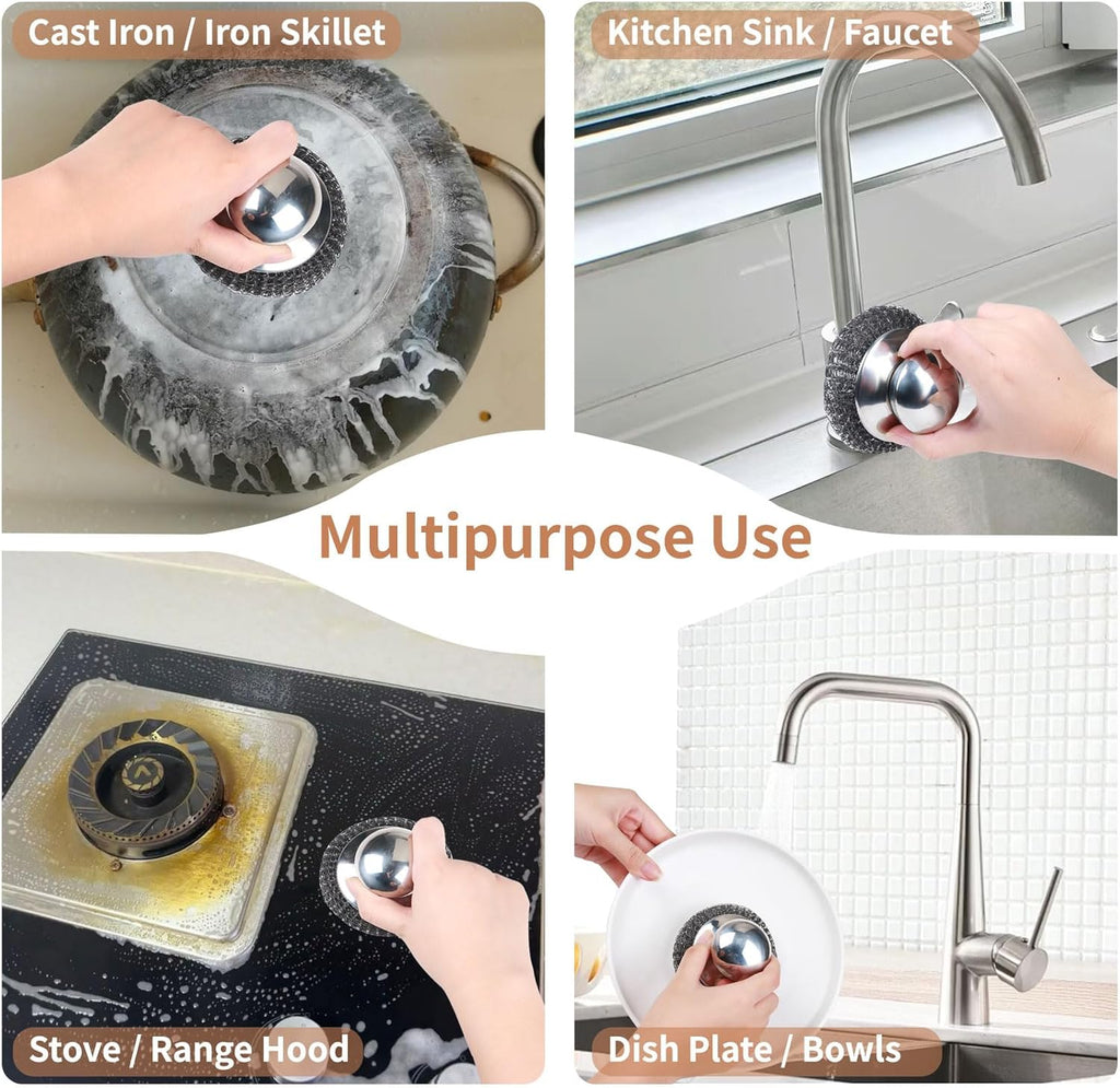 6Pcs Steel Wool Scrubber with Replacement Wire Pads Set, Stainless Steel Scrubber with Handle for