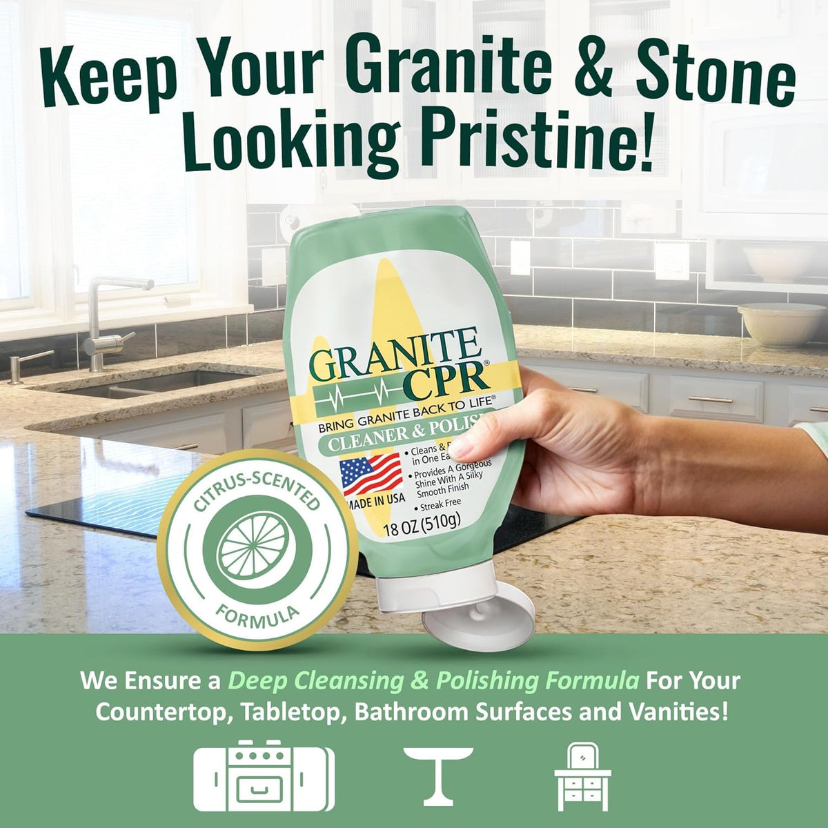 CPR Granite Cleaner Can Be Used Daily On Granite, Marble, Quartz & Corian. Leaves A Gorgeous