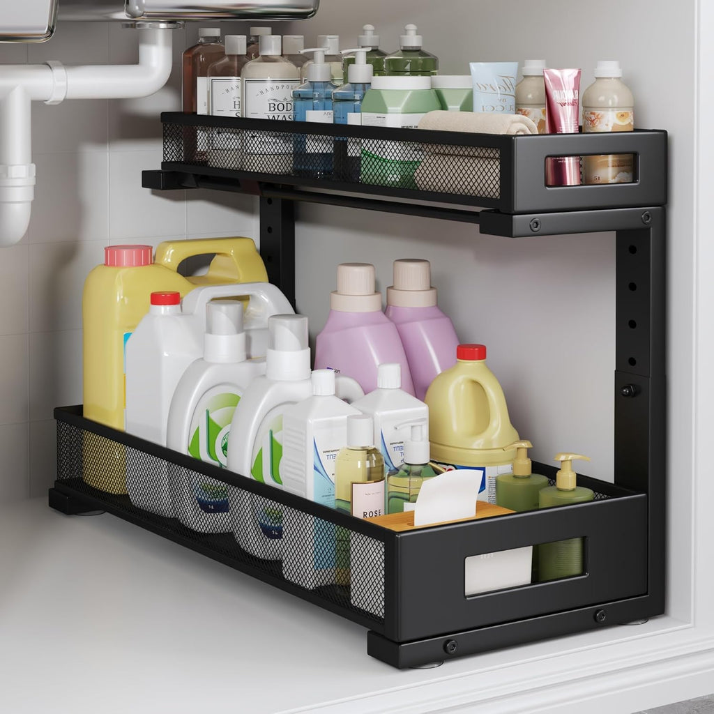 1 Pack 19IN Depth Under Sink Storage Organizer, Large 2-Tier Elegant Mesh Pull Out Shelf for