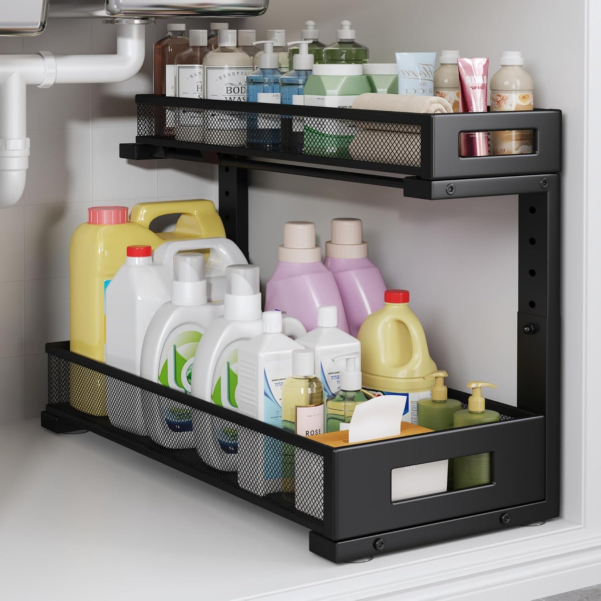1 Pack 19IN Depth Under Sink Storage Organizer, Large 2-Tier Elegant Mesh Pull Out Shelf for