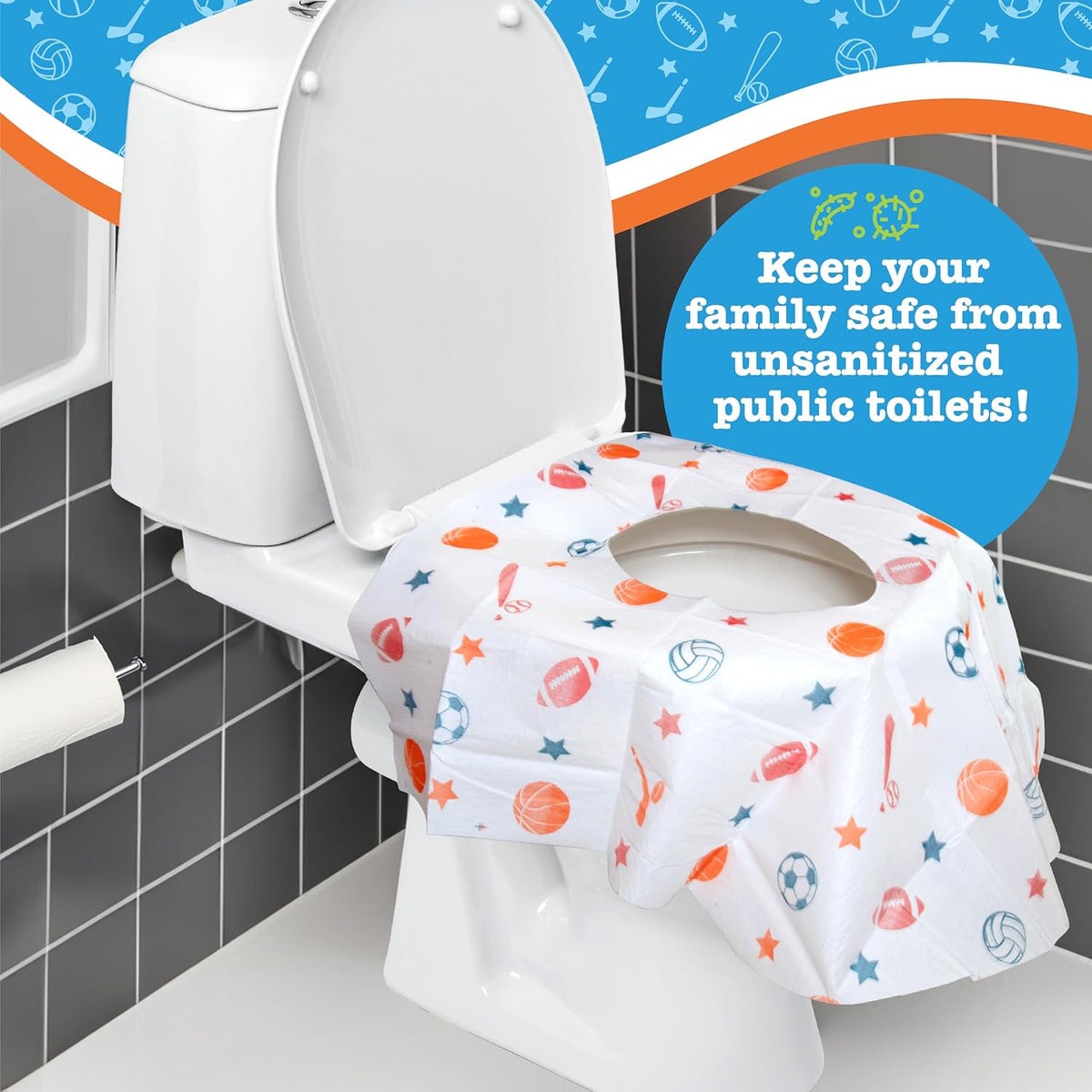 Toilet Seat Covers Disposable (6 Pack, Sports) - XL Waterproof Toilet Cover for Toddlers, Kids &